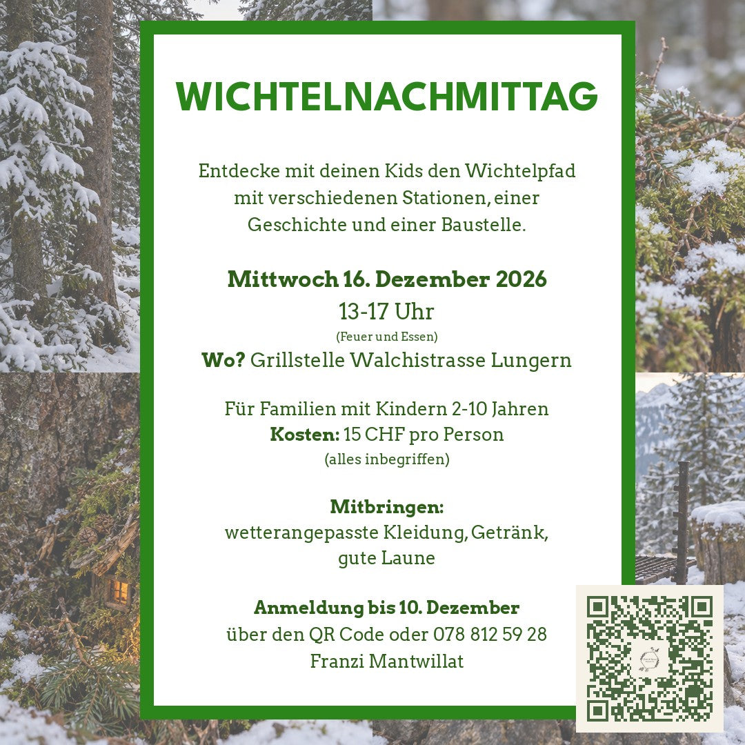 Flyer «Wichtelnachmittag»: Mittwoch 16. Dezember 2026, 13–17 Uhr, Grillstelle Walchistrasse Lungern, Anmeldung bis 10. Dezember