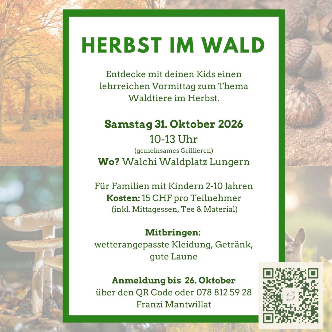 Flyer «Herbst im Wald» mit Eule, Datum 31. Oktober 2026 und Treffpunkt Walchi Waldplatz Lungern